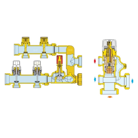 Zespół regulacyjny – regulacja stałotemperaturowa. Wstępnie zmontowany w skrzynce inspekcyjnej. 9 wyjść. Dodatkowy rozdzielacz obiegu pierwotnego z dwoma wyjściami.