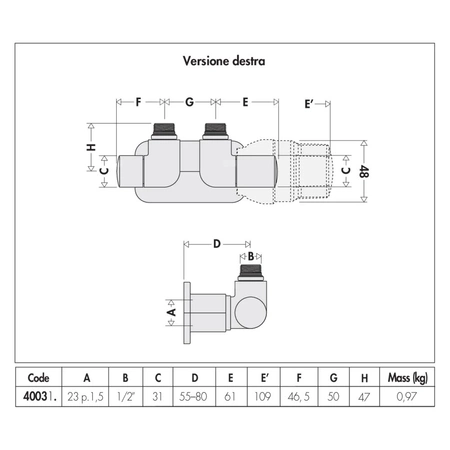 HIGH-STYLE para zaworów dekoracyjnych 3-osiowych. Przyłącze centralne. Wykonanie prawe. Wykończenie: chrom 1/2" 23 p. 1.5