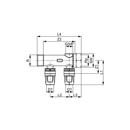 Rozdzielacz hydrauliczny TECE logo mosiądz gz x gw 3/4'', odgałęzień: 2 (DN16)