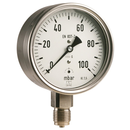 Manometr z rurką Bourdona AFRISO RF chemiczny 0/1,6 bar aksjalne G1/2B fi 100 mm, kl. 1,0%