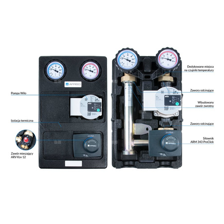 Grupa pompowa AFRISO PrimoTherm K 180-2 DN 25 WP 3-WM-SM GZ x GW 1 1/2'' x 1'', z zaworem mieszającym, z izolacją, z pompą obiegową Wilo Para SC 25/6, z siłownikiem arm 343 proclick