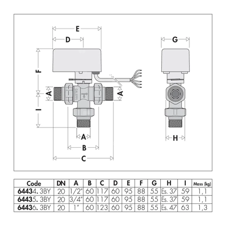 Trójdrożny zawór rozdzielający z napędem. Z siłownikiem ze sterowaniem 3-punktowym 40s 1/2"-230V