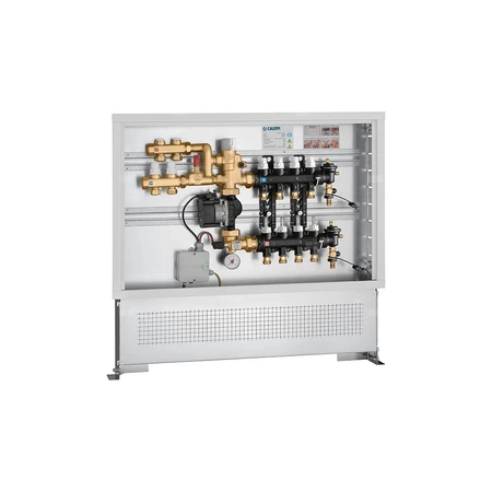 Zespół regulacyjny – regulacja stałotemperaturowa. Wstępnie zmontowany w skrzynce inspekcyjnej. 9 wyjść. Dodatkowy rozdzielacz obiegu pierwotnego z dwoma wyjściami.