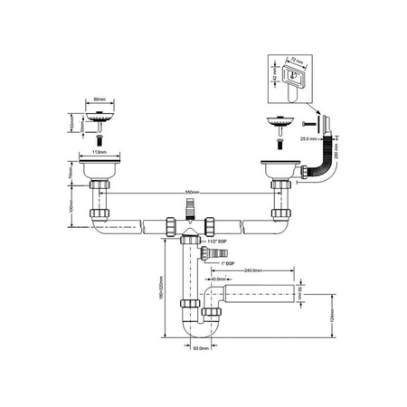 Syfon zlewozmywakowy rurowy podwójny 3,5"X50mm z podłączeniem pralki lub zmywarki, przelew