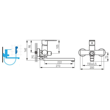 Bateria umywalkowa ścienna FERRO ALGEO, chrom, z przyłączem natrysku