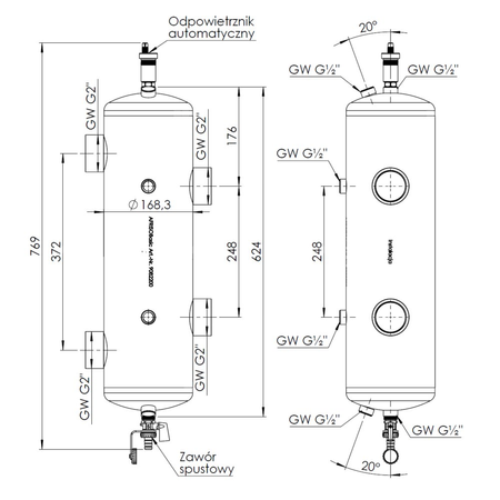 Sprzęgło hydrauliczne ocieplone BLH 822, 200 kW, 4x GW G2'', 6x GW G1/2'' odpowietrznik automatyczny, zawór spustowy, termometry, tuleja zanurzeniowa, korek