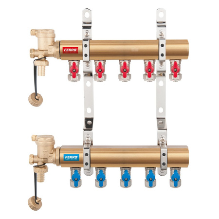 Rozdzielacz do instalacji c.o. FERRO N-RO08S mosiądz 1'', 8-obieg. GW zawór kulowy 16 x 2mm