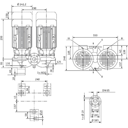 Pompa obiegowa WILO VeroTwin-DPL 65/110-0,25/4 typu in-line z silnikiem znormalizowanym 50 Hz, moc silnika 0.25kW 0.69 A 1450 obr/min, wlot Kołnierz DN 65