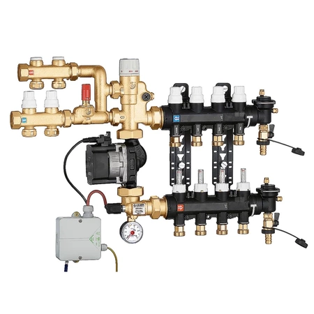 Zespół regulacyjny - regulacja stałotemperaturowa. 12 wyjść. Dodatkowy rozdzielacz obiegu pierwotnego z dwoma wyjściami.