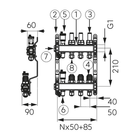 Rozdzielacz do ogrzewania podłogowego FERRO SN-RZP11S 11-obieg. stal nierdzewna GW 1'' x nypel gw 1/2''x3/4'' + przepływomierz + termostat