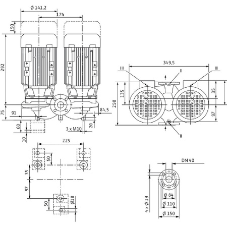 Pompa obiegowa WILO VeroTwin-DPL 40/75-0,12/2 typu in-line z silnikiem znormalizowanym 50 Hz, moc silnika 0.12kW 0.33 A 2780 obr/min, wlot Kołnierz DN 40