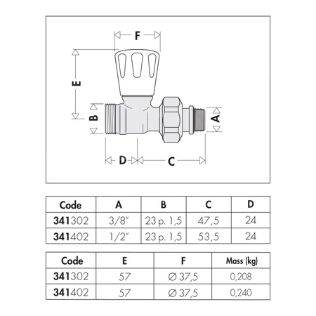 Grzejnikowy ręczny zawór prosty do rur miedzianych oraz rur z tworzyw sztucznych 1/2" 23 p.1,5