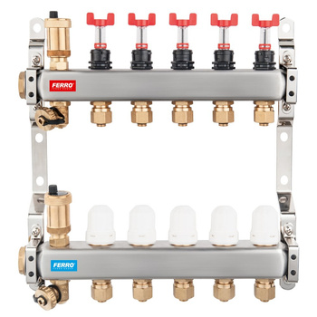 Rozdzielacz do ogrzewania podłogowego FERRO SN-RZP11S 11-obieg. stal nierdzewna GW 1'' x nypel gw 1/2''x3/4'' + przepływomierz + termostat