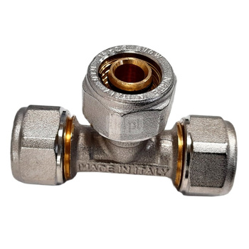 Trójnik QIK Skręcany do rur wielowarstwowych redukcja mosiądz 16 mm x 20 mm x 20 mm (złącze skręcane x złącze skręcane x złącze skręcane)