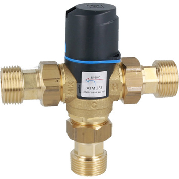Zawór regulacyjny termostatyczny do wody ciepłej AFRISO ATM 363 ze śrubunkami mosiądz GZ 1'', DN 20, zakres temp. 35-60'C, Kvs 1.6 m3/h, maksymalna temperatura 90'C, maksymane ciśnienie 10 bar