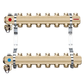 Rozdzielacz do ogrzewania podłogowego FERRO RO12S 12-obieg. mosiądz GW 1'' x GZ 3/4'' + zawór napełn/spust