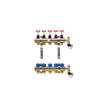 Rozdzielacz do ogrzewania podłogowego QIK BASIC II 10-obieg. mosiądz GW 1'' x GZ 3/4'' + przepływomierz