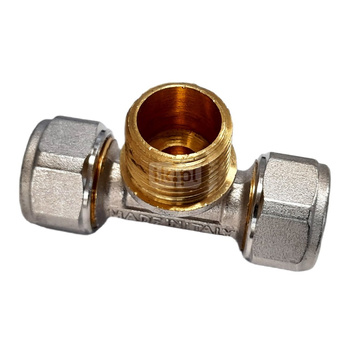 Trójnik QIK Skręcany do rur wielowarstwowych mosiądz 26 mm x 1'' x 26 mm (złącze skręcane x GZ x złącze skręcane)