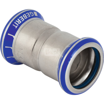 Mufa GEBERIT Mapress Edelstahl FKM, stal nierdzewna / stal nierdzewna, 18 mm, DN 15 x 18 mm x DN 15 (mufa zaprasowywana x mufa zaprasowywana), (głębokość: 4 mm) z uszczelką