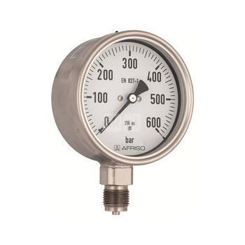 Manometr z rurką Bourdona AFRISO RF chemiczny 0/600 bar ekscentryczne G1/2B fi 160 mm, kl. 1,0%