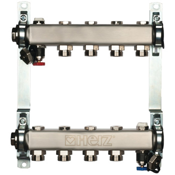 Rozdzielacz do ogrzewania podłogowego HERZ 8-obieg. stal nierdzewna GW 1'' x GZ 3/4'' + zawór napełn/spust + odpowietrznik
