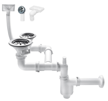 Syfon zlew.2-kom.butelkowy, oszczędzający przestrzeń, sitko 3,5", podejście do pralki, zmywarki, przelew   AKCES
