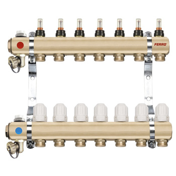 Rozdzielacz do ogrzewania podłogowego FERRO RZP02S 2-obieg. mosiądz GW 1'' x GZ 3/4'' + przepływomierz + termostat